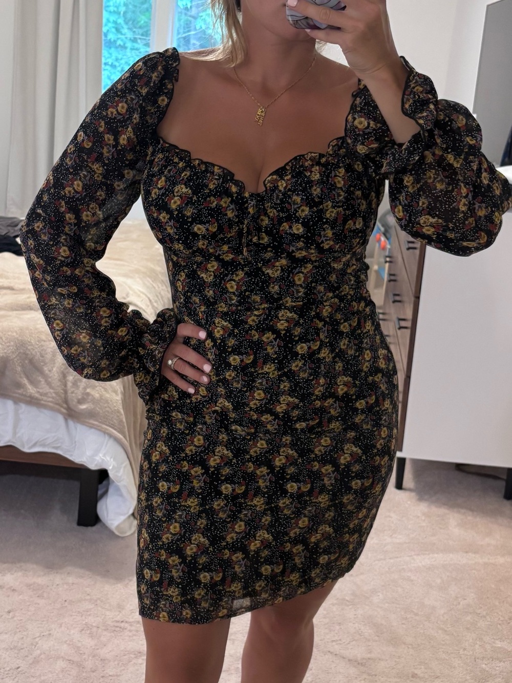 Nasty Gal Black Floral Sweetheart Mini Dress with Puff Sleeves